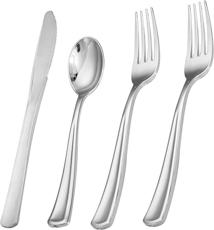 Liacere 200Pcs Silver Plastic Cutlery - Silver Plastic Silverware- Disposable Silverware - 100 Forks, 50 Spoons, 50 Knives Perfect for Wedding＆Christmas