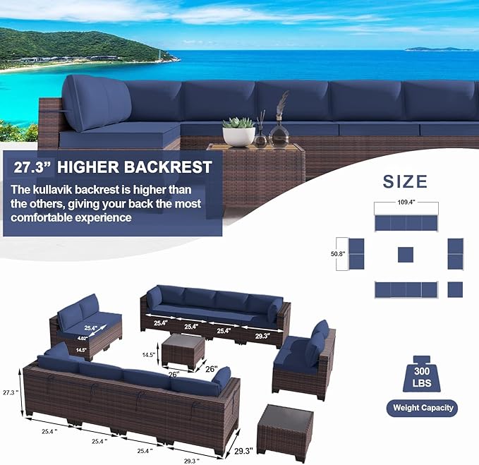 Kullavik 14 Pieces Outdoor Patio Furniture Set PE Wicker Rattan Sectional Sofa