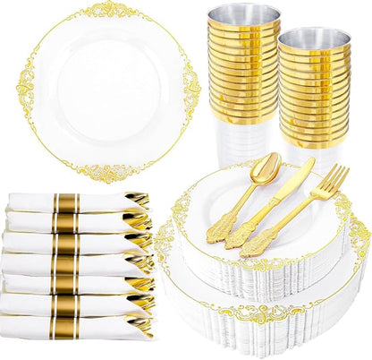 210 Pcs White Gold Plates for Party | White Party Plates Set for 30 Guests