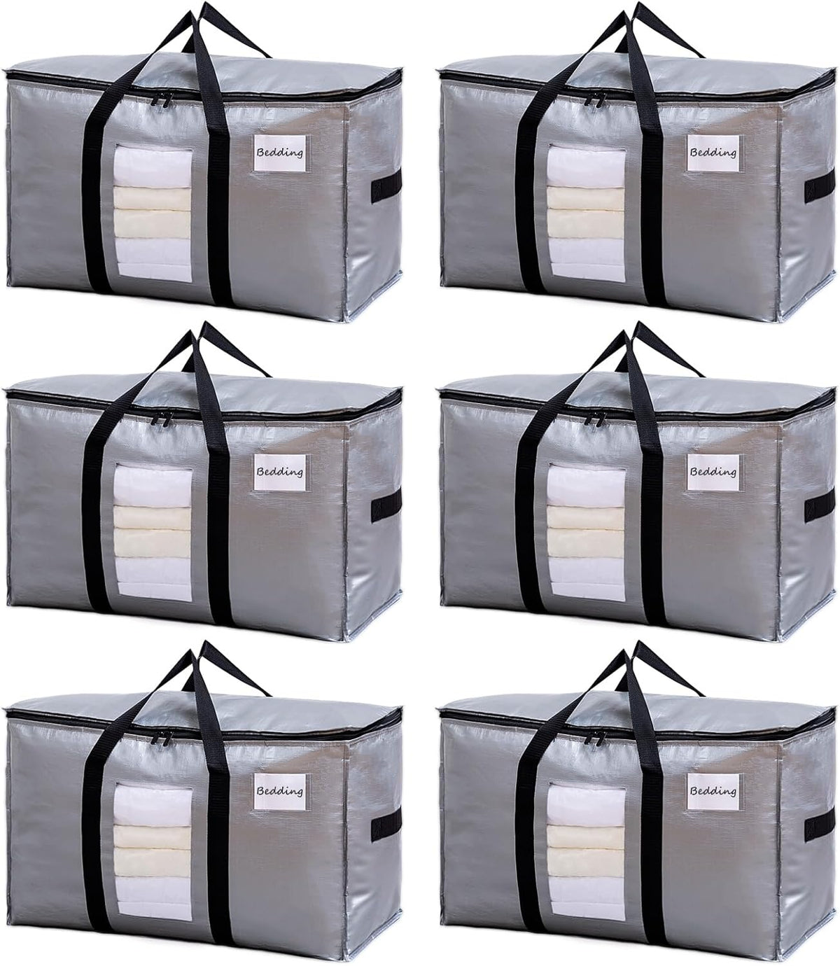TAILI Extra Large Moving Bags, 6 Pack Silver Heavy Duty Totes For Storage with Visible Window, Wrap Around Handles, Storage Bags for Space Saving, Alternative to Moving Boxes