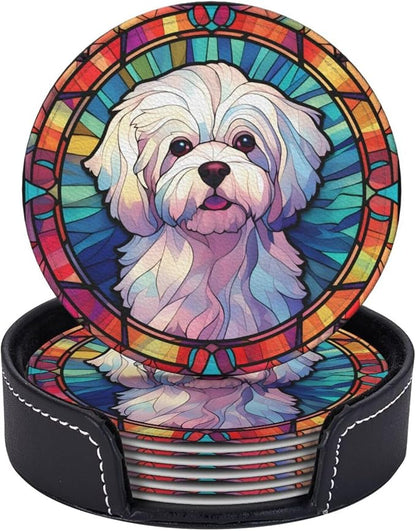 Maltese Stained Dog Breed Glass Art Leather Drinks Coasters
