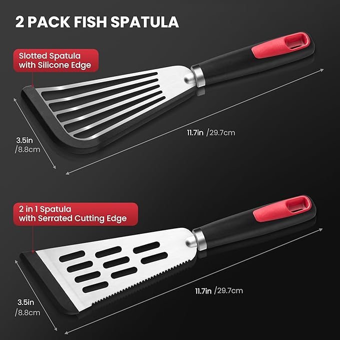 Fish Spatula Turner Set of 2, 600ºF Heat Resistant Silicone Spatulas for Nonstick Cookware, Metal Slotted Spatula with Silicone Edge for Fish, Egg, Pancake, Dishwasher Safe