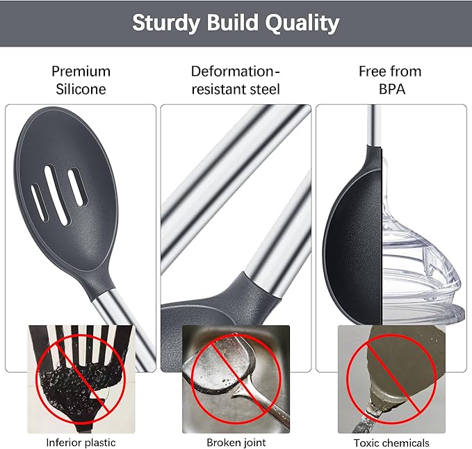 Silicone Spatula Spoon Set, 4 PCS Silicone Cooking Utensils Spatula Spoon Set with Stainless Steel Handle, BPA Free Kitchen Turners for Frying, Mixing, Serving, Draining, Turning, Stirring, Grey