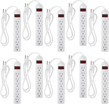 Hoteam 10 Pcs Power Strip Bulk 6 Outlet Surge Protector Power Cord Electrical Extension Cord with Switch Low Profile Plug Flat for Home Office(8.2 ft,White)