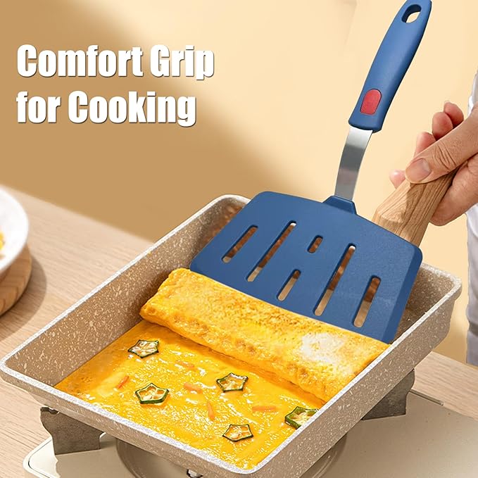 Silicone Spatula Turner, High Heat Resistant Rubber Baking Spatula, Non-Stick Slotted Wide Fish Slice Spatulas for Cooking, Large Kitchen Utensil for Pancake Omelette Egg - Hazy Blue