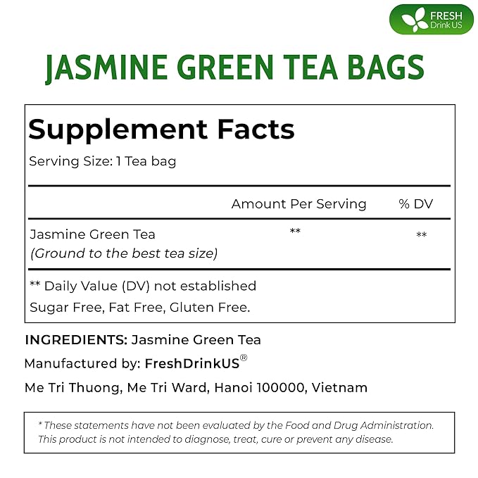 FreshDrinkUS, Premium 40 Jasmine Green Tea Bags, 100% Natural & Pure from Jasmine Green Herbal Tea. Made with Natural Material Tea Bags. No Sugar, No Gluten, Vegan.