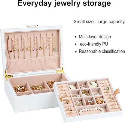 Small Jewelry Organizer for Women, 2-Layer Travel Jewelry Box with Portable Case, Necklace Ring Storage for Dresser, Girls Teens Gifts (White)