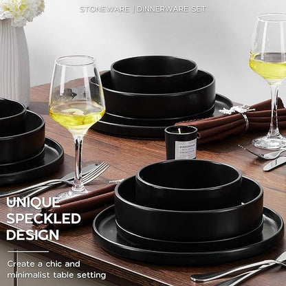 Onader 16 Piece Dinnerware Sets with Serving Bowls for 4, Stoneware Plates and Bowls Dish Sets, Ceramic Dinner Ware Dishware for Kitchen Dining, Chip & Scratch Resistant - Ebony Black