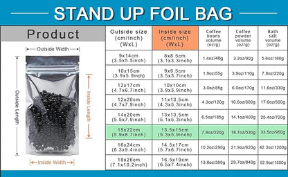 FERENLI 500 Pieces Stand Up Clear Front Zipper Lock Resealable Aluminum Mylar Foil Plastic Packaging Bag for Zip Heat Seal Package Lock with Tear Notch Long Term Food Storage 5.9x8.7 inch