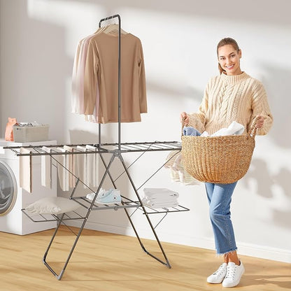 Bigzzia Clothes Drying Rack Foldable, 68.9Inch High Hanger Laundry Drying Rack with 4 Height-Adjustable Wings, Lightweight and Space Saving Clothes Airer for Apartments, Dorms, Camping