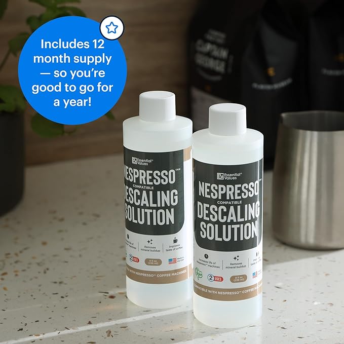 Essential Values Descaling Solution Compatible with Nespresso - Coffee Descaler - Coffee Maker Cleaner - Kettle, Espresso Machine Cleaning - 12 Month Supply 2-Pack