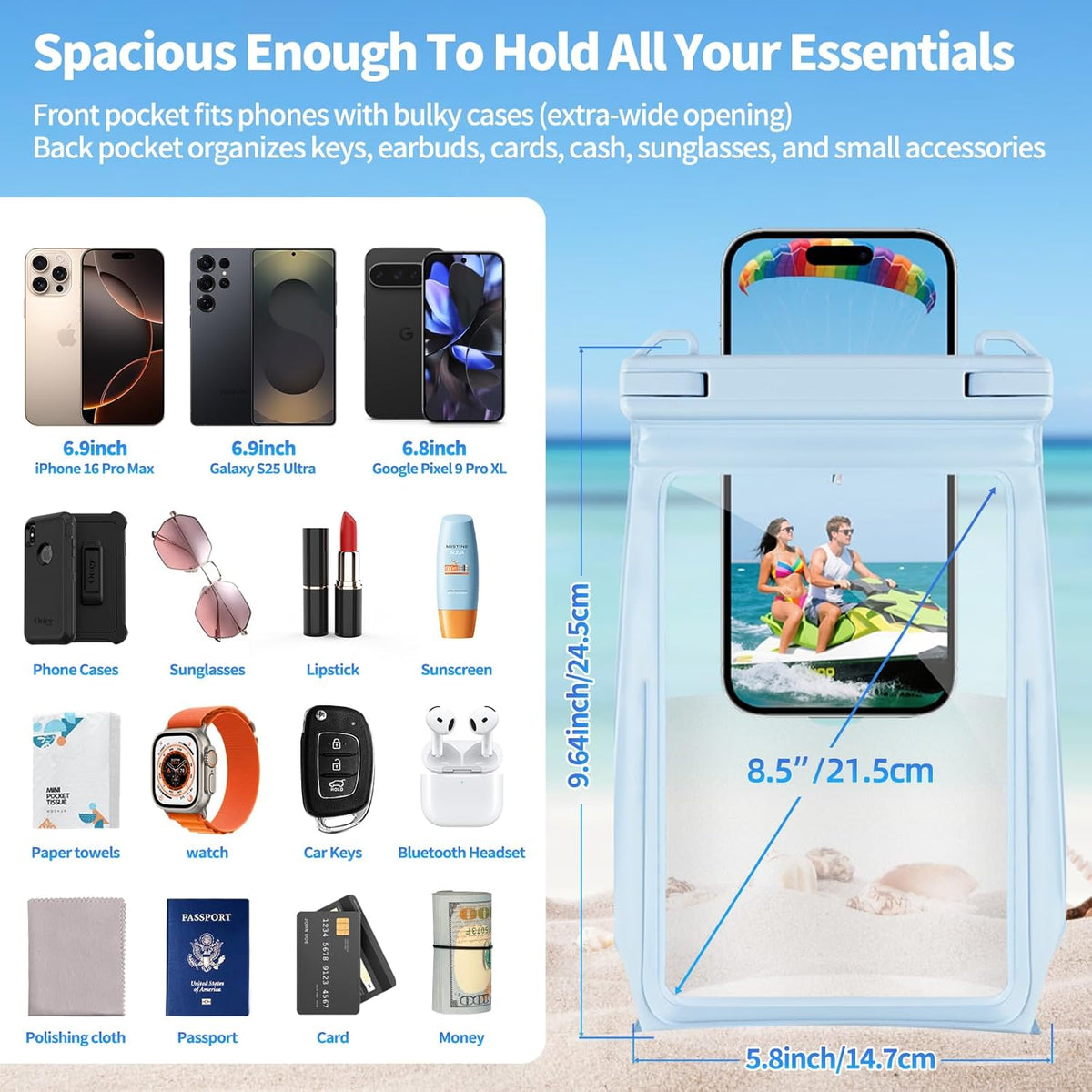 Large Waterproof Phone Pouch Floating, Waterproof Phone Case for iPhone 15 14 Pro Max 13 12 Plus 11 XS XR X Samsung up to 8.5'', IPX8 Water Proof Cell Phone Dry Bag for Beach Swimming Kayaking, Blue