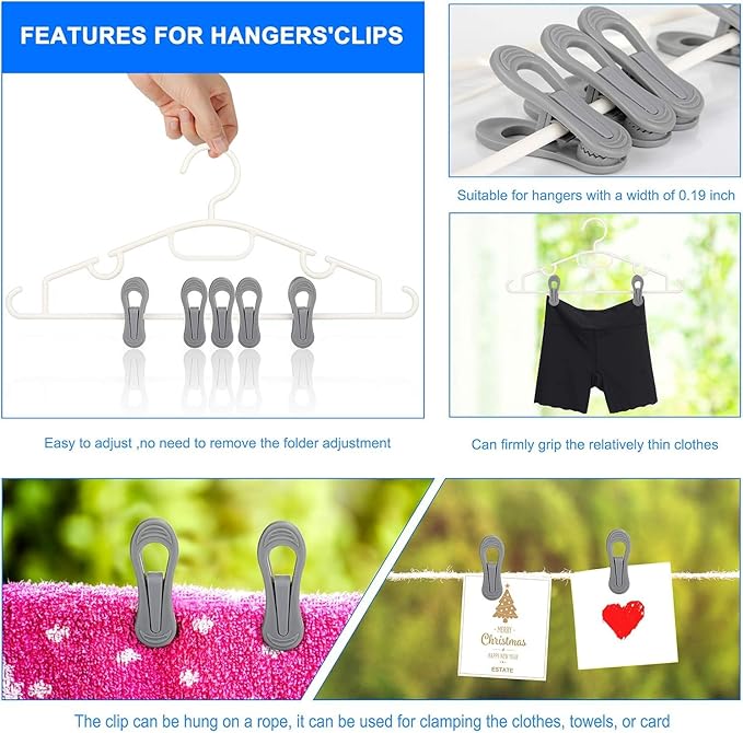 Tinfol 50pc Grey Plastic Hanger Clips, Strong Pinch Grip Finger Clips for Plastic Clothes Hangers, Multi-Purpose Hanger Clips