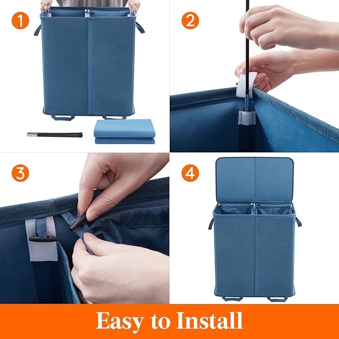 Lifewit Double Laundry Hamper with Lid and Removable Laundry Bags, Large Collapsible 2 Dividers Dirty Clothes Basket with Handles for Bedroom, Laundry Room, Closet, Bathroom, College, 136L Blue