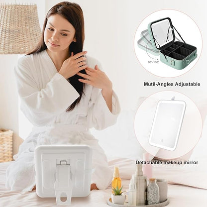 Mocado Travel Makeup Bag with LED Lighted Mirror, Travel Makeup Organizer, Makeup Case with 3 Color Lighted Setting and 10x Magnifying Mirror, Portable Storage and Adjustable Dividers (Powdery Green)