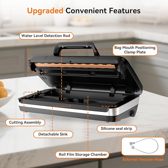 85Kpa Vacuum Sealer Machine, 10-in-1 Full Automatic Food Saver with Easy-Lock Handle, Double Heat Seal, Built-in Cutter & Roll Storage for Dry/Moist Foods, Includes Bags & External Hose