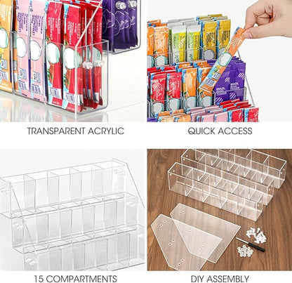 AIEVE Drink Packet Organizer with 15 Compartments, Water Packet Organizer for Water Flavor Drink Mix, Easy Assembly Acrylic Sugar Packets Holder for Cabinet Kitchen Storage Organization