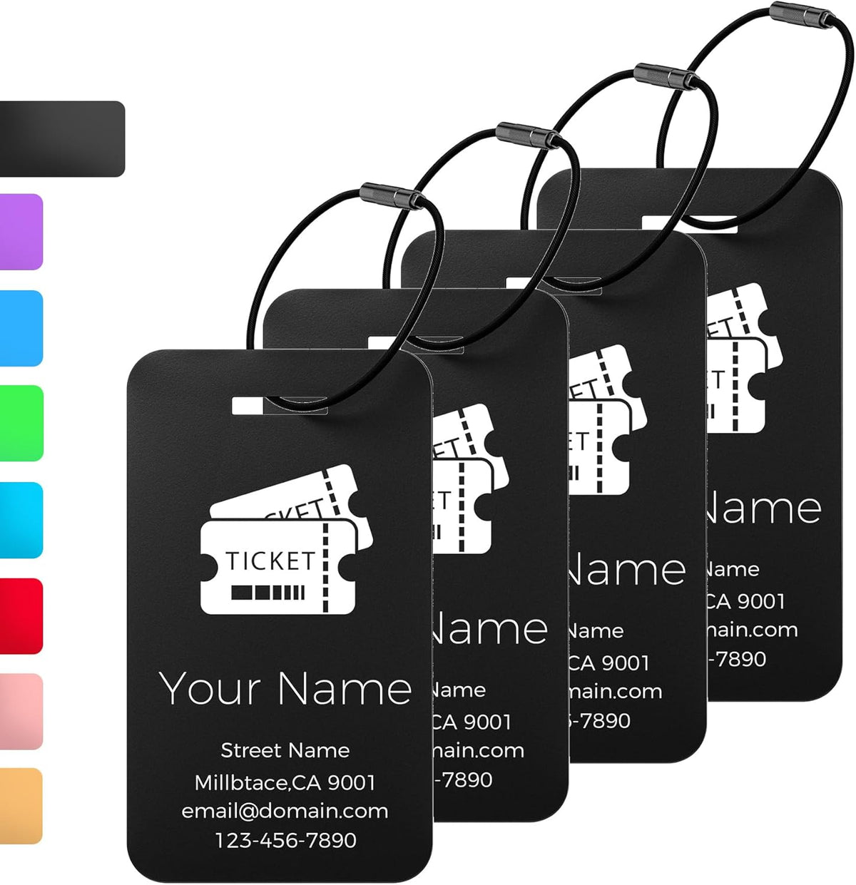 Personalized Luggage Tags, Custom Luggage Tags 4 Pack TSA Approved Double Sided Laser Engraving, Metal Luggage Tag for Suitcases with Stainless Loops, Name Tag for Bags, Backpacks (Black)