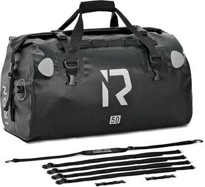 IRON JIA'S Motorcycle Dry Bag - Waterproof Duffle & Luggage Tail Bag Saddle Bags with Roll Top Closure, Shoulder Straps, Inner Pocket and Mesh Pocket (Black, 50L)