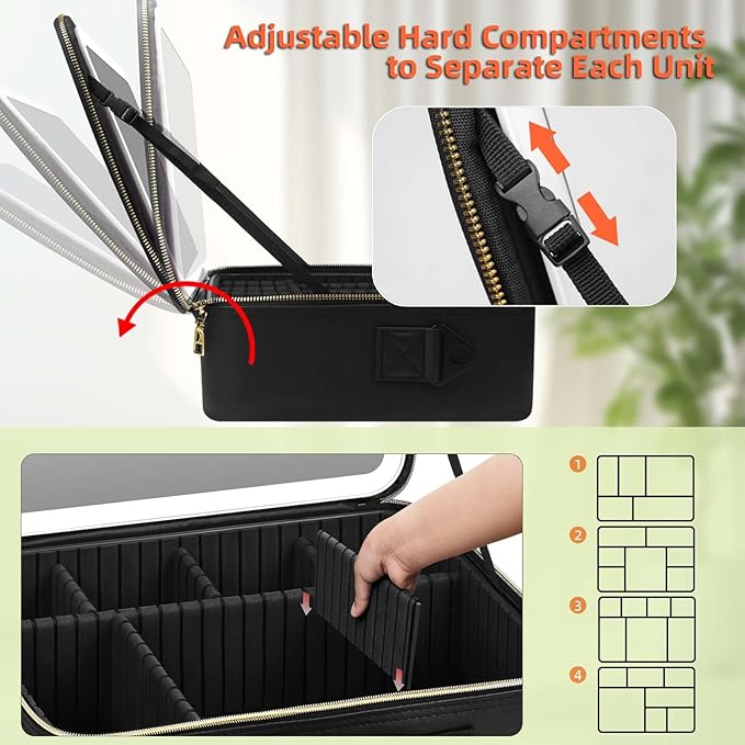Large Travel Makeup Bag with LED Mirror, 3-Color Stepless Dimming Stand Mirror Detachable, with Adjustable Divider, Makeup Brush Holder Storage (Black)