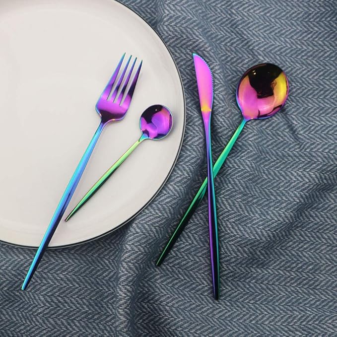 JASHII Flatware Set 24 Piece, Stainless Steel With Titanium Colorful Plated, Multicolor Flatware Set, Silverware, Rainbow Color Cutlery Set Service For 6