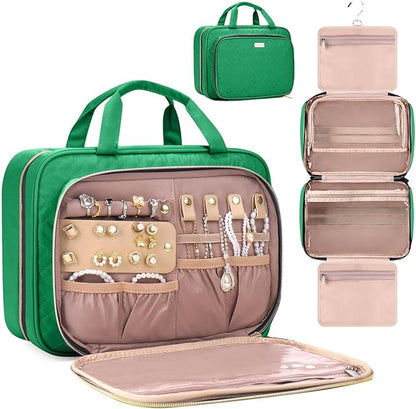 Toiletry Bag for Women with Jewelry Organizer Compartment, Travel Makeup Cosmetic Bag with Hanging Hook for Full-sized Toiletries, Shampoo - Green