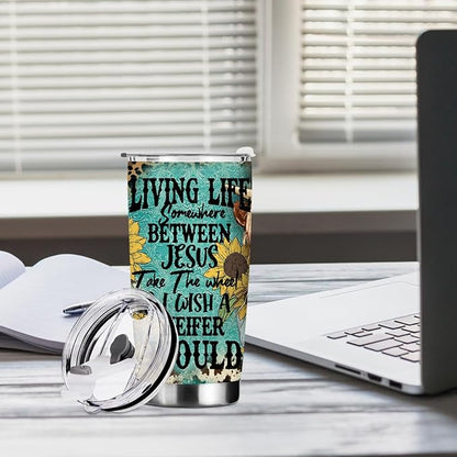 Cow Print Stuff Tumbler, Inspirational Western Decor Sunflower Gifts for Women Men Friends Cow Lovers Birthday Christmas, Christian Coffee Mug Stainless Steel Vacuum Insulated Travel Cup with Lid 20oz