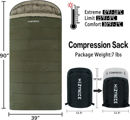 0 Degree Sleeping Bag 100% Cotton Flannel XXL for Adults Big and Tall Cold Weather Winter Zero Degree Camping,Free Compression Sack