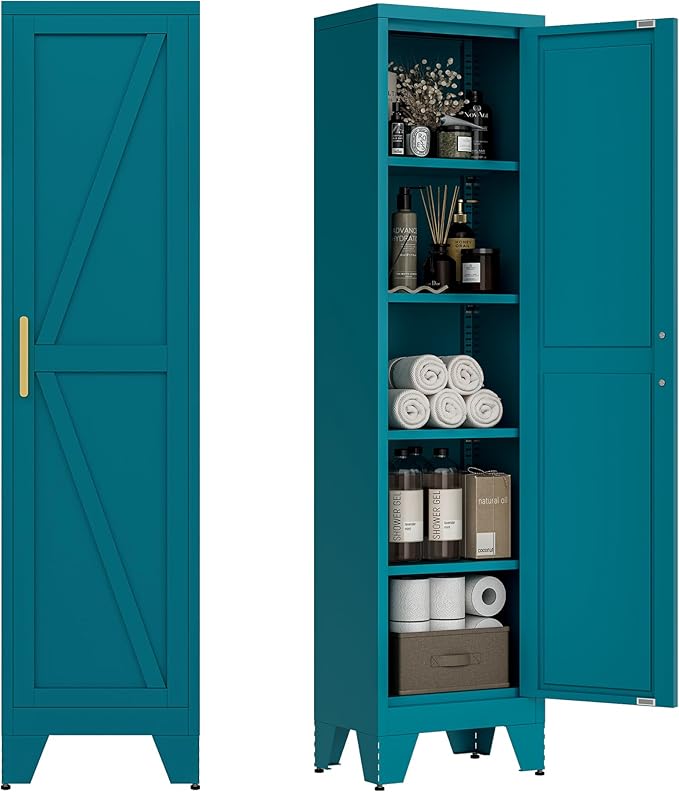 67" Tall Narrow Bathroom Metal Storage Cabinet with 4 Adjustable Shelves, Freestanding 5 Tier Slim Pantry Storage Cabinet for Small Space, Peacock