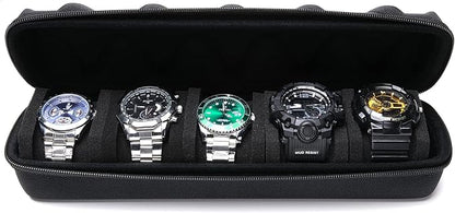 5 slots Hard men's watch travel case, Portable zipper storage organizer box with soft compressible foam pillow to fit large and small watches(Black, 5slot)