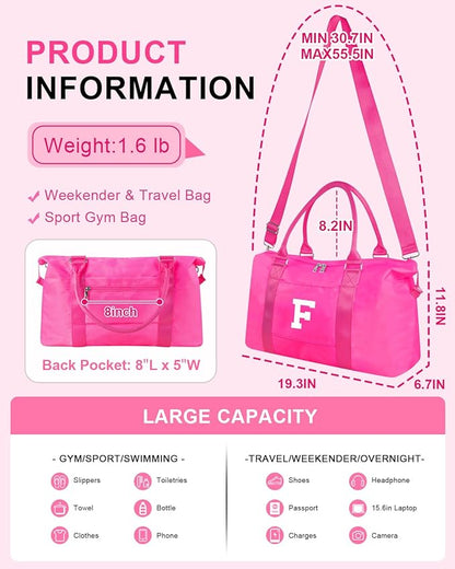 Overnight Bag for Kids Teen Girls Weekender Dance Bag Birthday Graduation Gifts,Initial Travel Duffel Bag Sports Gym Bag Personalized Weekender Bag Carry On Bags Preppy Gifts for Women(Hot Pink, F)