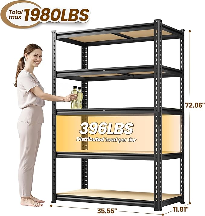1980LBS Storage Shelves, 5-Tier Adjustable Pantry Shelves, Metal Shelving Unit for Kitchen, Pantry, Closet, Laundry, Garage,72.06" H x 35.55" W x 11.81" D