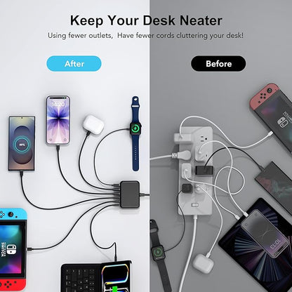 USB C Fast Charger, 100W GaN 6 Port Type C Charging Station Hub Block Cube, USB C Wall Charger Power Strip Adapter Plug for iPad iPhone 17 16 15 14 13 12 Pro Max Pixel Note Galaxy, 5ft Cord