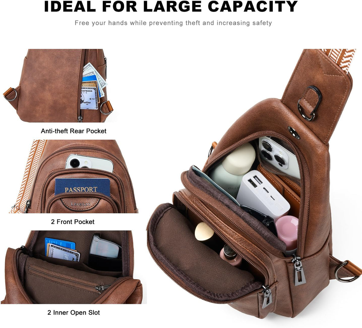 10L Crossbody Sling Bag for Women Men Anti Theft Cross Body Fanny Pack Belt Bag Purse Gifts for Women Faux Leather, Brown