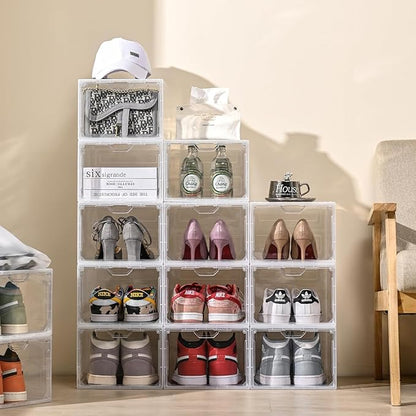 9 Pack Thicken Shoe Organizer Stackable,Upgraded Sturdy Shoe Storage Box with Magnetic Door,Shoe Containers For Sneaker Display,Hat Organizer,White