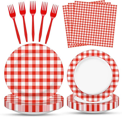 100 Pcs Red White Gingham Party Supplies Set, Serves 25 – Disposable Checkered