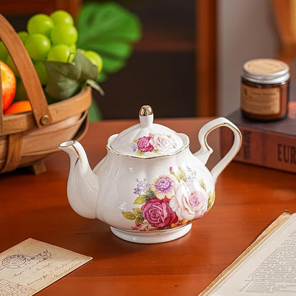 Flower Ceramic Teapot,22oz Porcelain Tea pot for Tea Coffee Milk for Office Home Men Women as Gift (Rose)