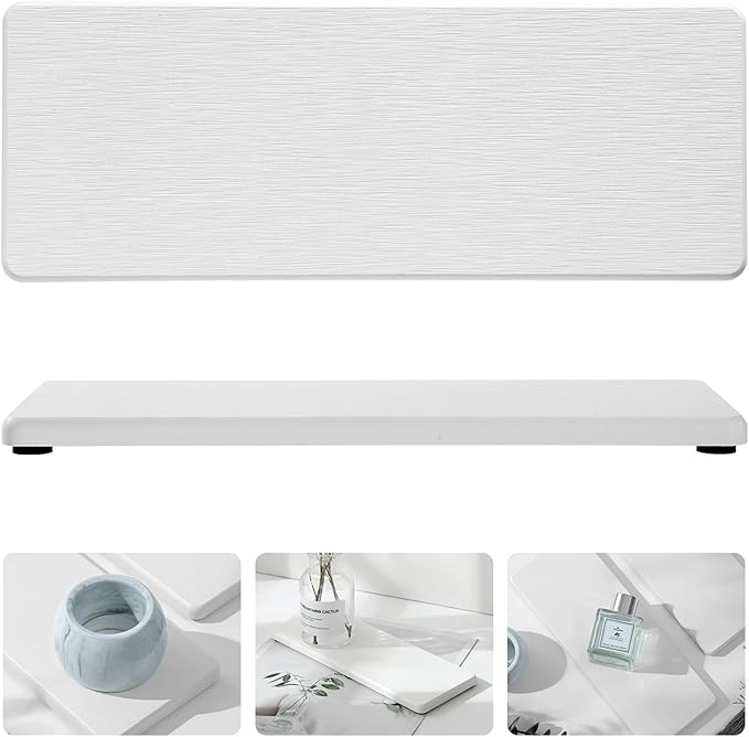 2PCS Bathroom Sink Trays, Water Absorbing Diatomite Stone Quick Drying Mat for Kitchen Counter, Dish Rack Soap Dispenser Sponge Holder Caddy Vanity Organizer, White, 9"x3.5"