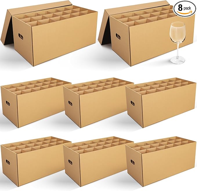 8 Pack Wine Glass Moving Boxes Kitchen Moving Boxes with Handle Kitchen Kit with Lid for Dish Glassware (24 x 12 x 11 Inches)