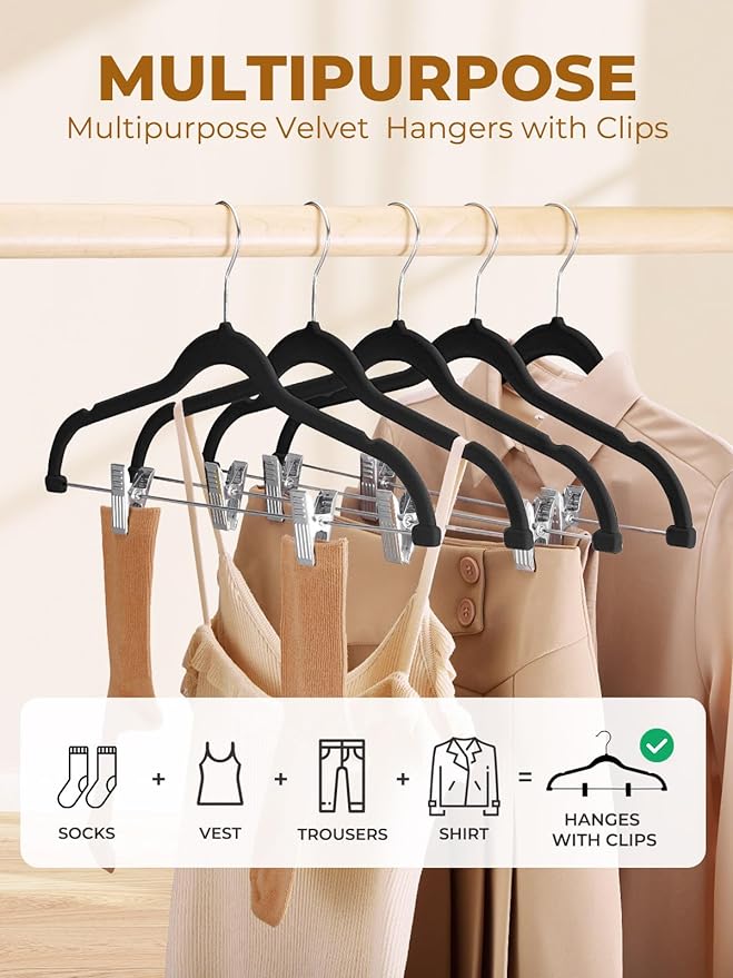 HOUSE DAY Velvet Skirt Hangers 24 Pack, Black Velvet Pant Hangers with Adjustable Clips, Space Saving Slim Shorts Hanger, Heavy Duty Non Slip Clip Hanger for Pants, Skirts, Shorts