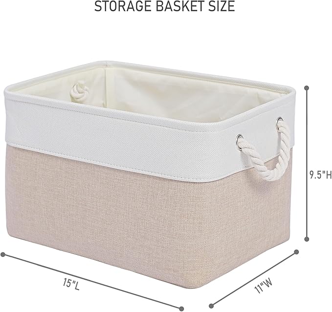 15x11x9.5 Inch Storage Baskets for Shelves,3 Pack Storage Bins，Foldable Organizer Boxes, Decorative Storage Basket for Organizing Clothes, Toys, Books, Foldable Cloth Baskets (White&Beige)