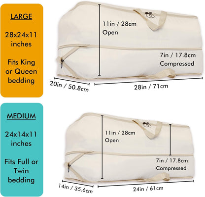 2-pack XXL Comforter Storage Bag - Space Saving Compression Bag for Pillows, Blankets, Bedding -Collapsible Extra Large Mesh Packing Cube - Queen King (1 Med + 1 Large Combo)
