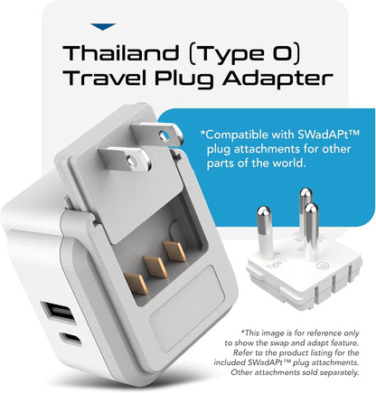 Ceptics Thailand Travel Adapter Set, PAK KIT 20W PD & QC, Type O - 3.1A - 4 in 1-2 USA Inputs, 1 USB Port, 1 USB-C Port - Compact, Powerful - Includes Type O Swadapt Attachments