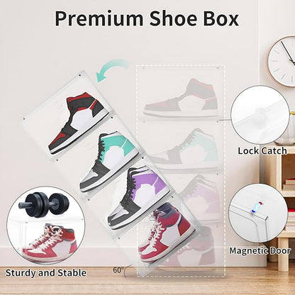 Large Shoe Boxes Clear Plastic Stackable, 8 Pack Drop Side Shoe Storage Organizer with Magnetic Door, Shoe Container Sneaker Storage Display Case Fit up to US Size 13 CLEAR