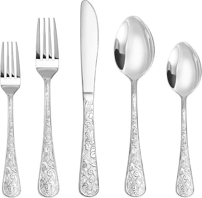 Runfly Vintage Carved Silver Stainless Steel 20-Piece Flatware Set | Silverware