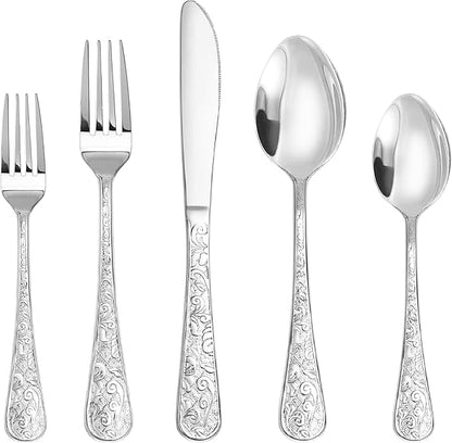 Runfly Vintage Carved Silver Stainless Steel 20-Piece Flatware Set | Silverware
