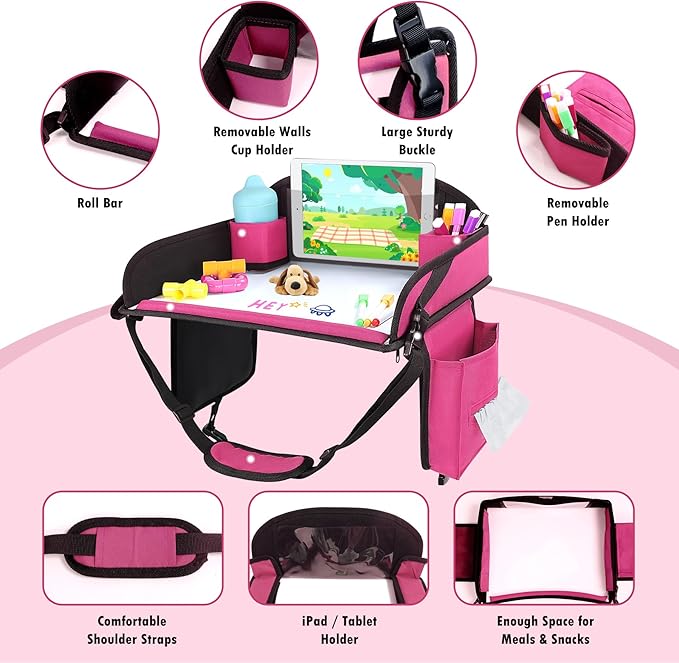 Kids Travel Tray for Airplane - Toddler Car Seat Table Tray, Road Trip Essentials for Boys & Girls, Carseat Lap Desk for Kids Road Trip Activities (Pink)