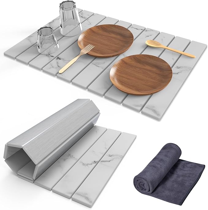 Stone Dish Drying Mat for Kitchen Counter,24"(L)×16"(W) Collapsible Fast-Drying Diatomaceous Earth Mats with Towel Sanding Tool,Versatile Stone Drying Mats for Cups Dishes Bottles