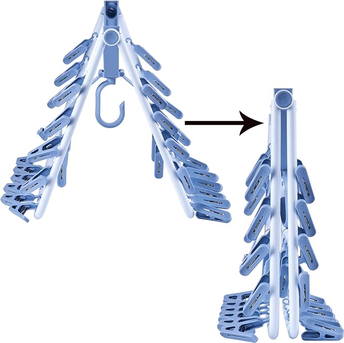 Foldable Clip Hangers Blue with 32Pcs Drying Clips Wind-Proof Hook for Underwear Socks Bras Lingerie Clothes