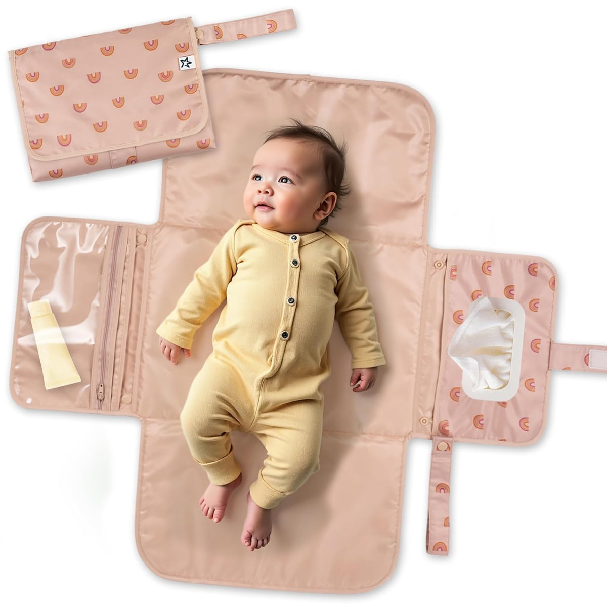 Tiny Twinkle Portable Diaper Changing Pad-Foldable Waterproof Changing Mat&Portable Changing Pad for Travel,Baby Changing Station with Smart Wipes Pocket&Storage (Boho Rainbow)